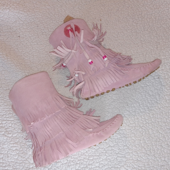 Steve Madden Dusty Pink Leather Apachee Fringed Moccasin Boots size 6.5 - Picture 7 of 15
